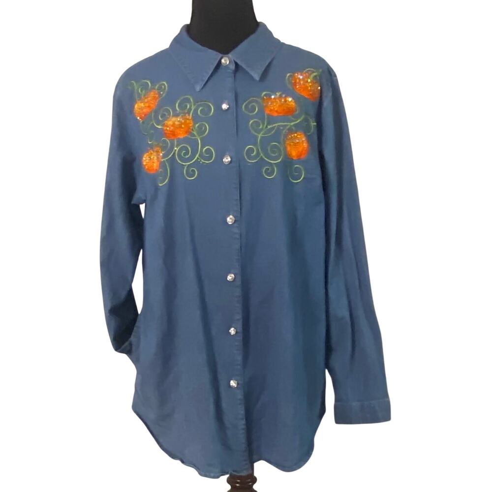 Quacker Factory Pumpkin Denim Shirt Med Fall Halloween Pockets Bling Button Up